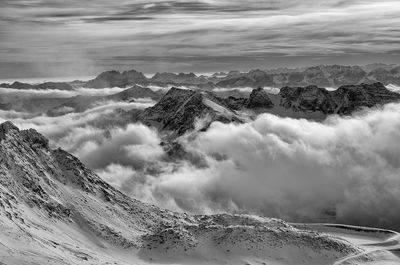 Scenic view of snowcapped mountain against cloudy sky