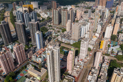 High angle view of modern buildings in city