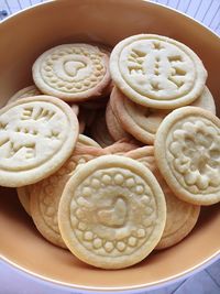 High angle view of cookies in plate on table