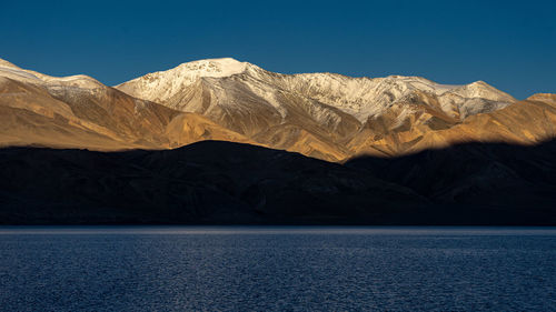 Scenic view of lake and mountains against clear blue sky