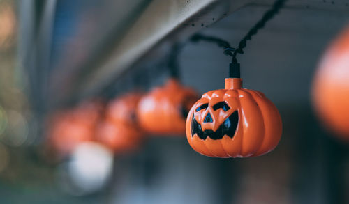 Close-up of orange lanterns hanging outdoors