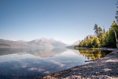 Scenic view of lake and mountains against clear blue sky