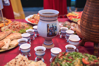 High angle view of breakfast on table