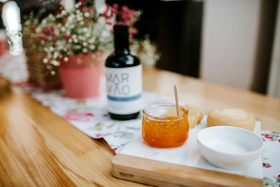Close-up of breakfast served on table
