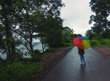 Rear view of man with umbrella on road