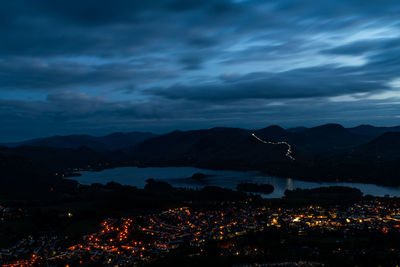 High angle view of illuminated city against sky at night