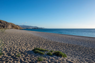 Scenic view of sea against clear blue sky