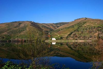 Scenic view of lake and mountains against clear sky