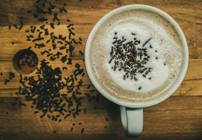 High angle view of coffee on table