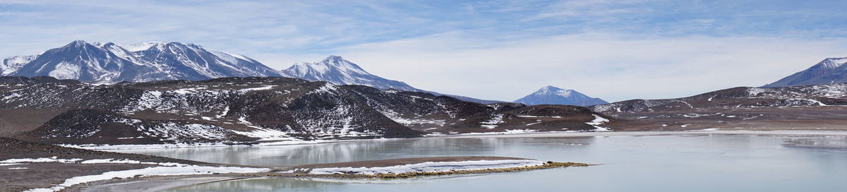 Scenic view of lake and snowcapped mountains against sky