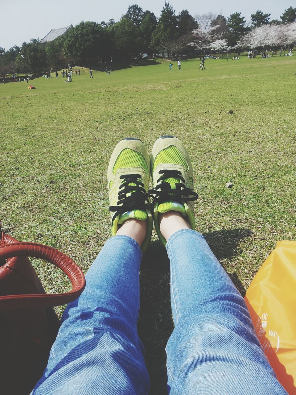 low section, person, personal perspective, shoe, lifestyles, grass, leisure activity, field, men, human foot, footwear, jeans, relaxation, grassy, sitting, green color, part of