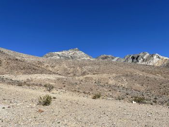 Scenic view of mountains against clear blue sky