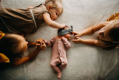 High angle view of mother and daughter