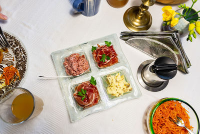 High angle view of food on table