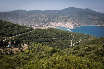 High angle view of landscape and mountains