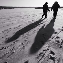 Rear view of couple walking on beach