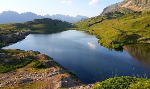 Scenic view of lake and mountains against sky