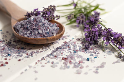 High angle view of lavender on table