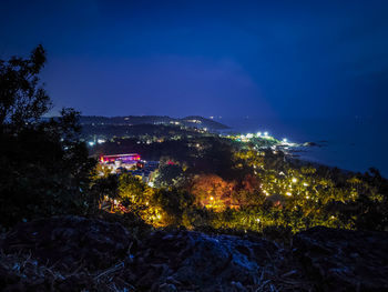 High angle view of illuminated trees and buildings at night