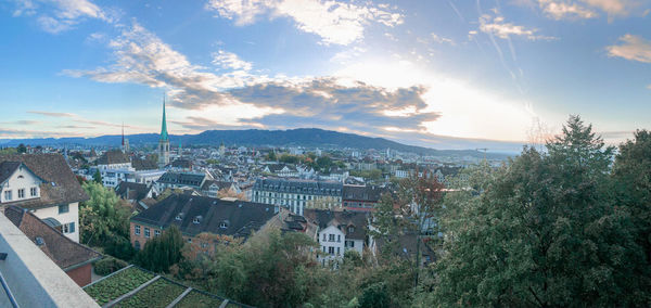 High angle shot of townscape against sky