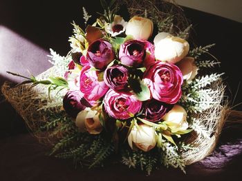 High angle view of rose bouquet on table