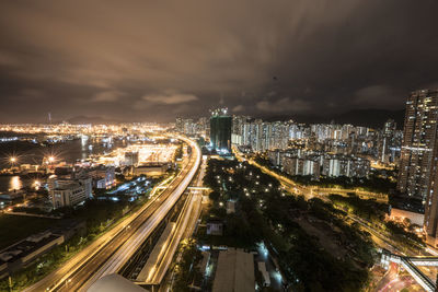 High angle view of illuminated city street