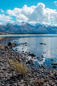 Scenic view of lake and snowcapped mountains against sky