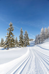 Cross-country ski trail in the austrian alps. winter sport concept