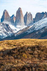 Scenic view of snowcapped mountains against sky