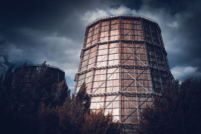 Low angle view of abandoned factory against sky