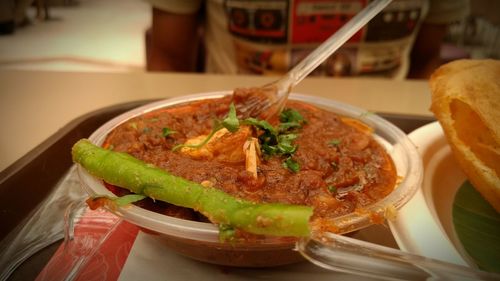 Close-up of served food on table