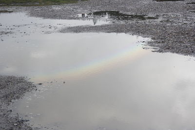 High angle view of wet beach against sky