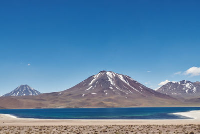 Scenic view of snowcapped mountains against clear blue sky