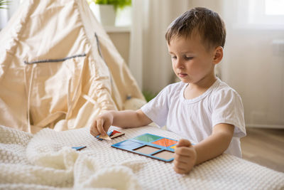 Boy playing with toy blocks at home