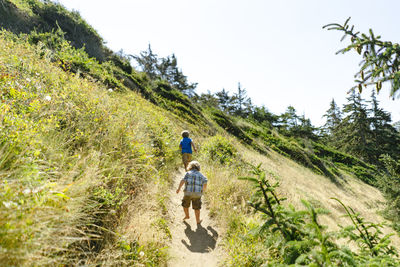 Rear view of brothers walking on trail against clear sky at fort ebey state park