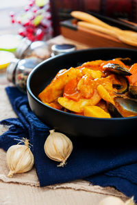 Close-up of food served on table