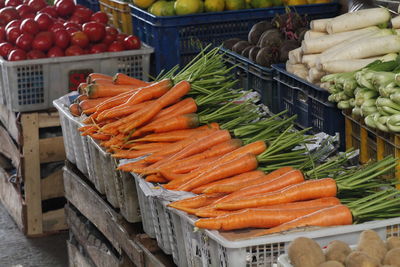 High angle view of vegetables for sale in market