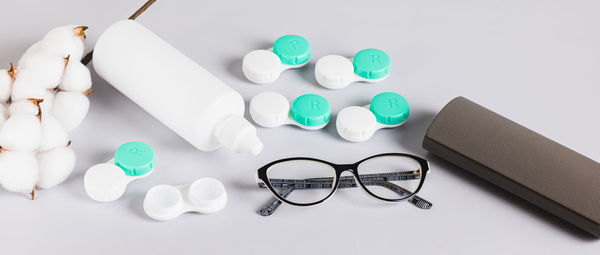 High angle view of medicines on white background