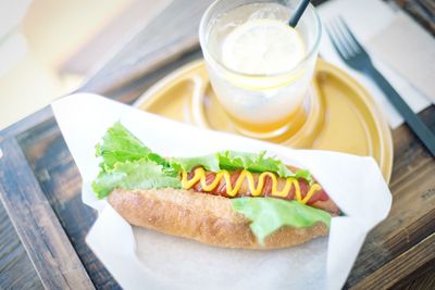 High angle view of breakfast on table