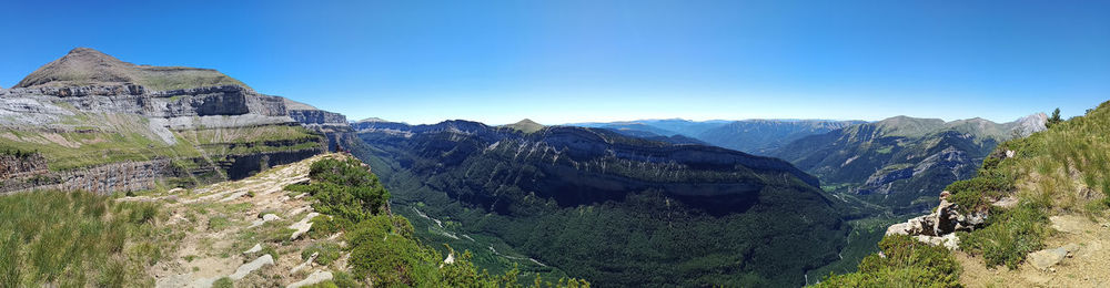 Scenic view of mountains against clear blue sky
