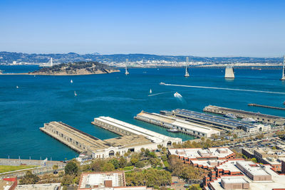 High angle view of city at seaside