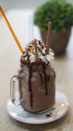 Close-up of ice cream on table