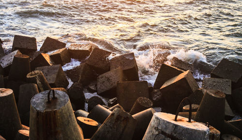 High angle view of rocks on beach