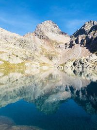 Scenic view of lake and mountains against blue sky