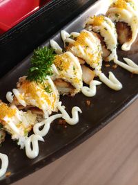 High angle view of food in plate on table