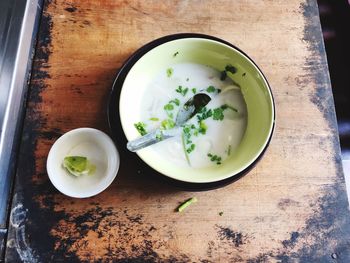 High angle view of soup in bowl on table