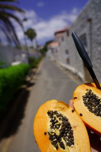 Close-up of orange slice against sky