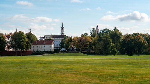 Trees and plants on field against sky