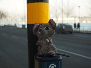 Close-up of stuffed toy on garbage can against road