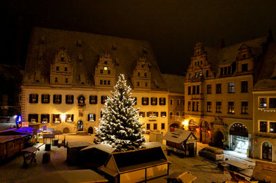 Illuminated christmas tree at night